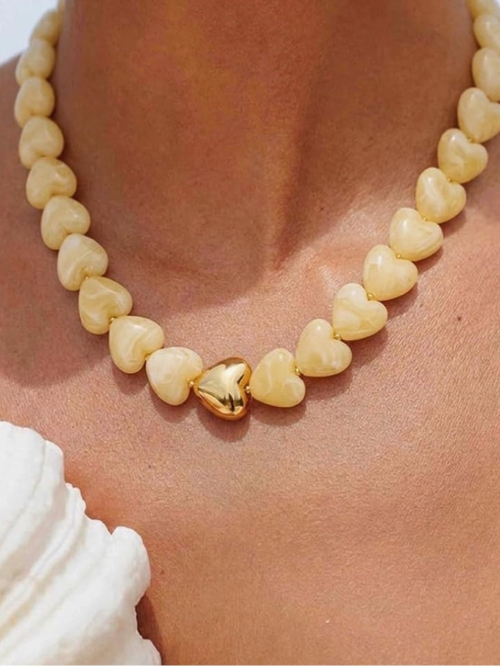 Cream Heart Bead Necklace with Gold Accent